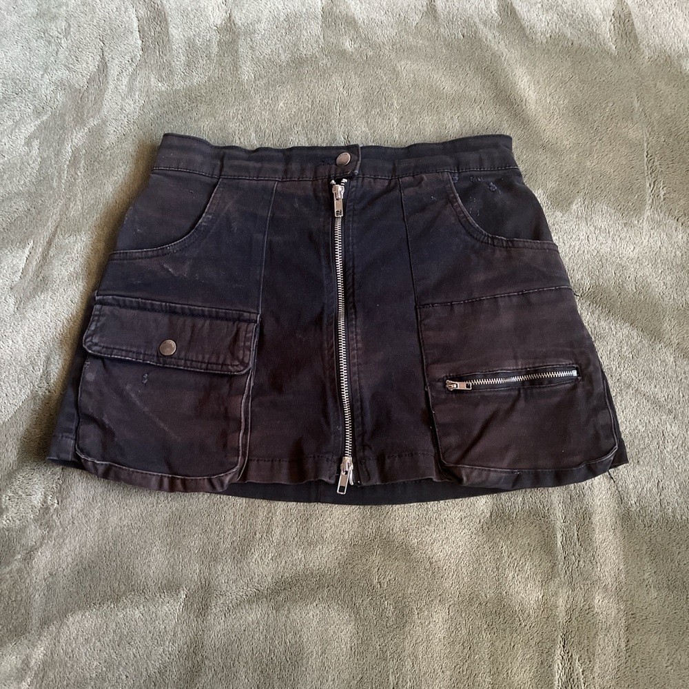 Black Zip-Up Denim Mini Skirt